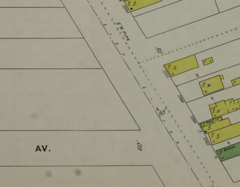 1896 Sanborn of Cleveland displaying a city boundary line at St. Clair Ave